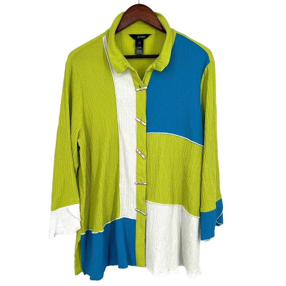 Ali Miles Lime Green Teal White Colorblock Tunic Blouse